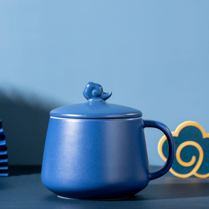 Taza de marcas de nubes, taza de cerámica azul Klein, taza de agua azul espacial con tapa, taza de publicidad LOGO personalizada