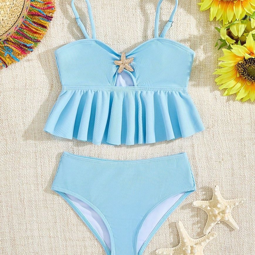 2025跨境新款分体三角纯色泳衣女bikini女小童泡温泉度假涉水运动