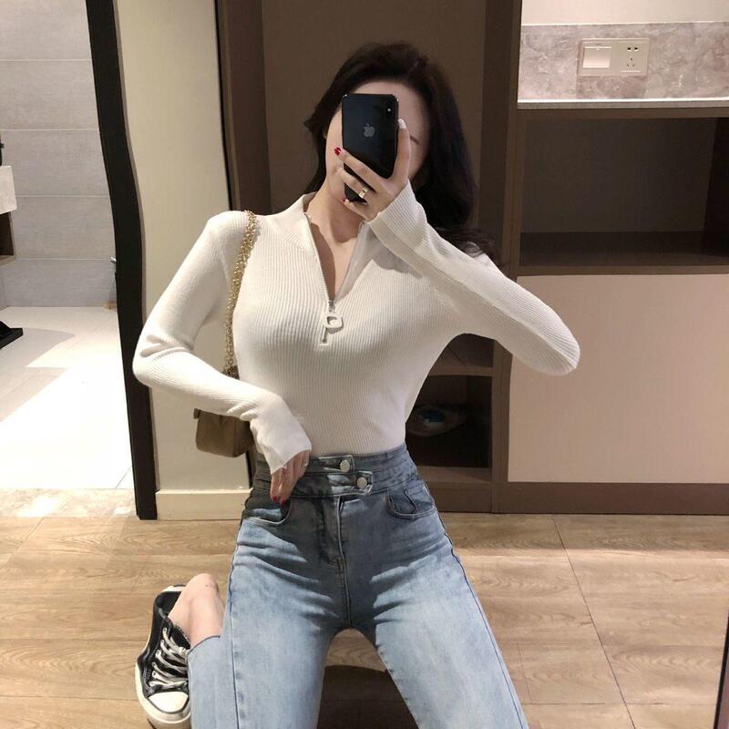 Base Shirt Women's Autumn and Winter All-match Long Sleeve T-shirt Women's 2022 New Slim-fit Zipper Open Collar Student Top Base Shirt Women's Autumn and Winter All-match Long Sleeve T-shirt Women's 2022 New Slim-fit Zipper Open Collar Student Top