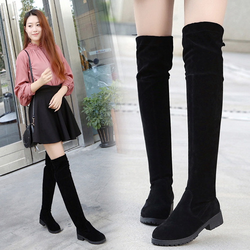 Winter and Autumn Women's Suede Knee-High Boot with Low Heel Flat Sole and Cotton Warm Cover Boot
