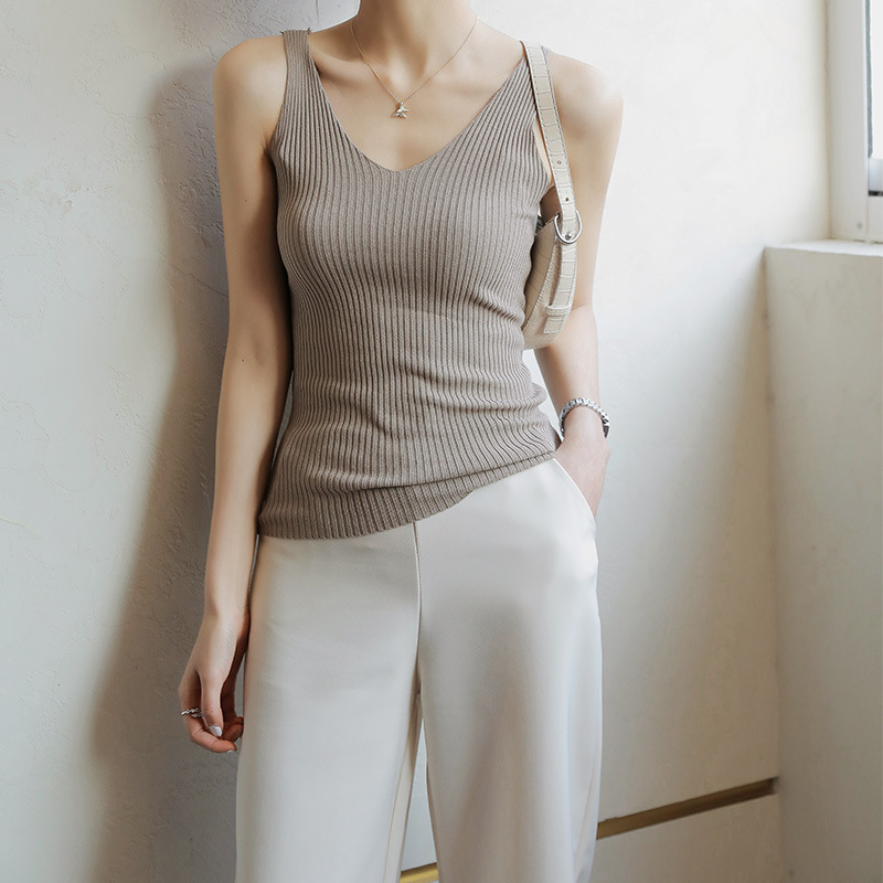 Carefully Selected Pure Color Pure Lust Style Camisole Women's Knitted V-Neck Can Be Worn Outside Loose Design Slim Sleeveless Top