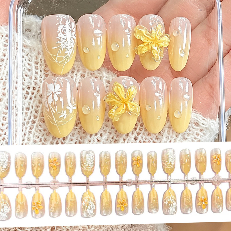 Spring and Summer Hot-Selling Oval-Shaped Yellow Ice Flower Wearable Nail Glass Beads Cat-Eye Gradient Nail Stickers with a Luxurious Vibe