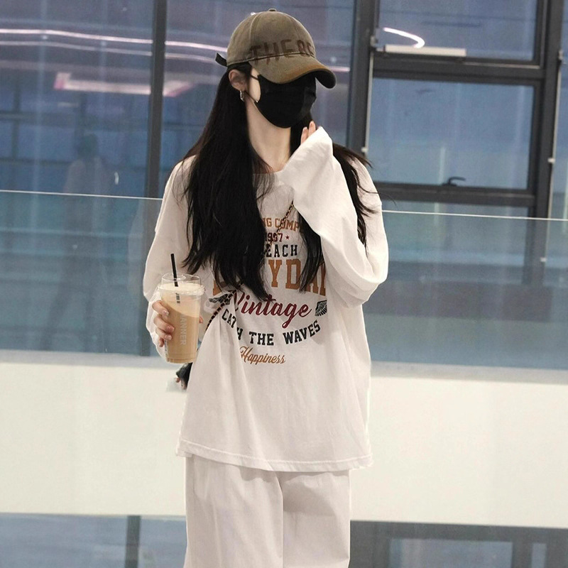 胖mm复古美式宽松休闲字母印花圆领大码长袖T恤防上衣女春早秋季|undefined