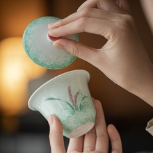 粉青手绘芦苇陶瓷清新薄胎盖碗礼盒装茶杯功夫茶具家用中式泡茶碗