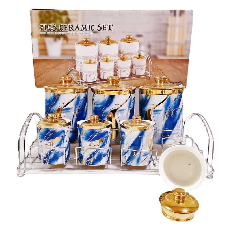 Cocina cerámica condimento tarro sellado con marco de hierro galvanoplastia calcomanías condimento tarro de café tarro de almacenamiento tarro traje