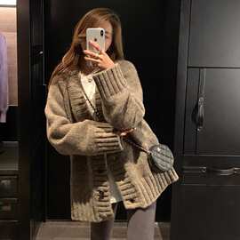 针织毛衣开衫外套高级感慵懒风宽松针织开衫女中长款外套优雅