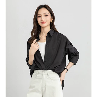 忆霏商务通勤翻领长袖正装衬衫2026春新款收腰职业白衬衣宽松纯棉