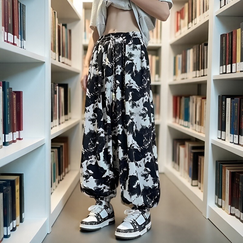 Autumn Quick-Dry Sports Jogger Casual Pants for Men, Thin Lantern Pants, Cropped Pants, Chinese Style Ink Tie-Dye Versatile Loose Fit