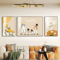 一家四口客廳裝飾畫現代簡約沙發背景牆掛畫溫馨壁畫奶油風三聯畫