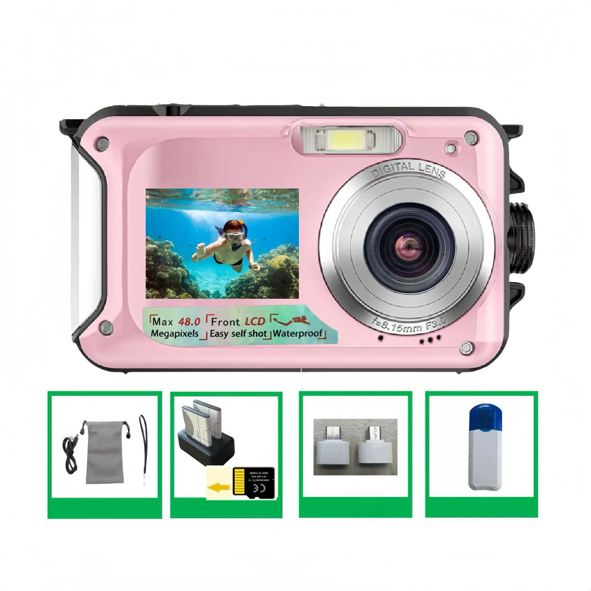 Англоязычная версия подводной камера Full HD 2.7K 48MP, водонепроницаемая для снорклинга с двойным экраном, цифровая камера B368