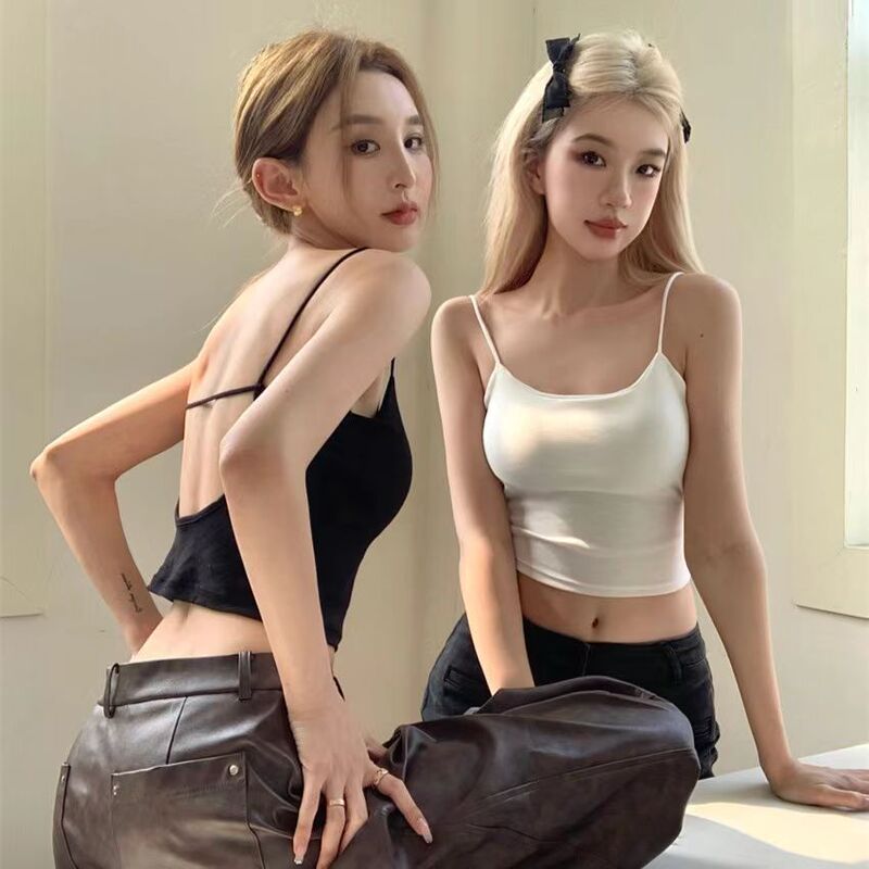 Hot Girl with Chest Pad Backless Sling Small Vest Women's Summer Sexy Beautiful Back Inner Design Short Top for Outer Wear