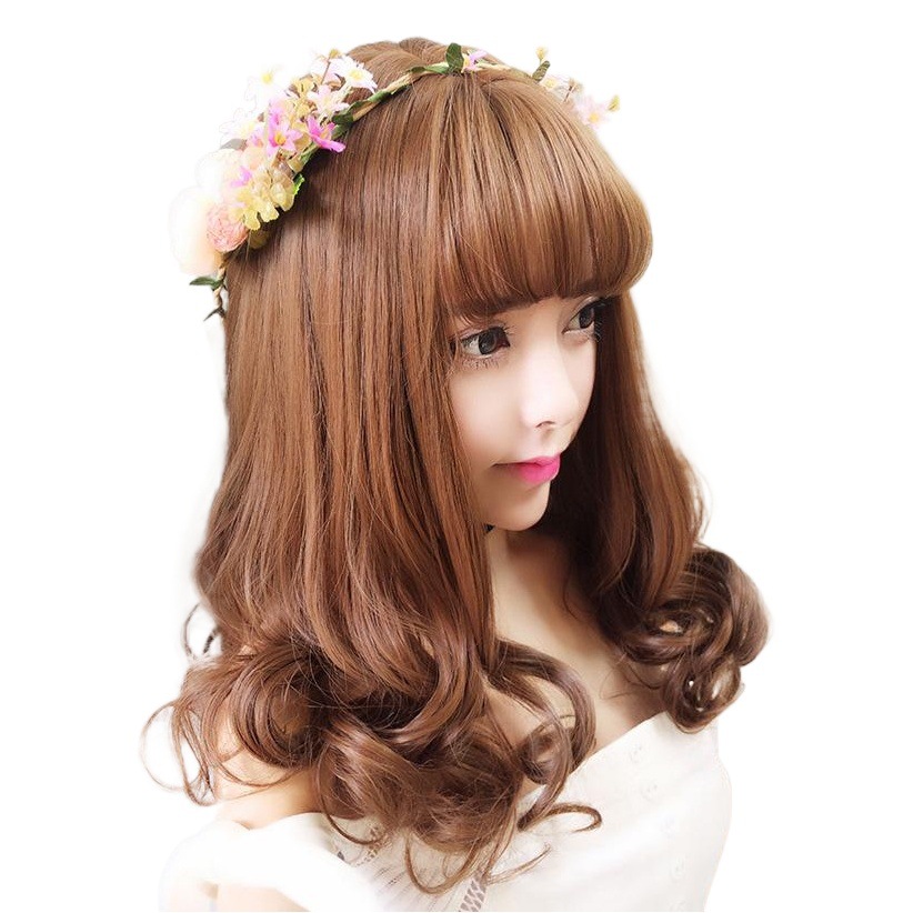 Fábrica al por mayor peluca femenina medio largo pelo rizado cara redonda aire Bangs pera flor cabeza cubierta Corea del Sur recto Bangs Pelo Rizado corto