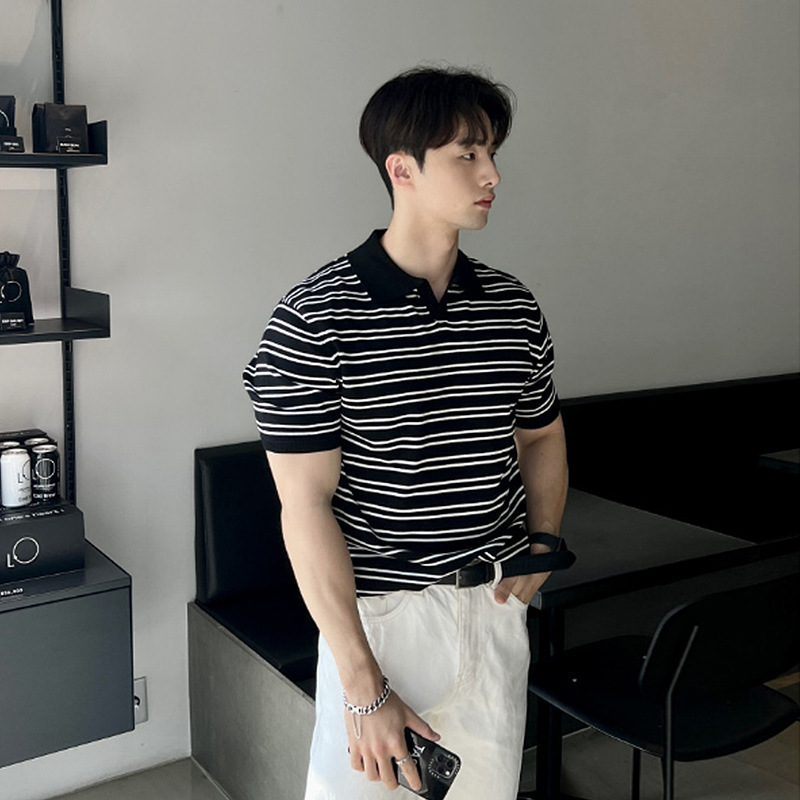 Asclo&Qiao Korean Style Men's Shirt Casual Striped Pullover Polo Shirt Summer Short-Sleeved Knitwear T-Shirt