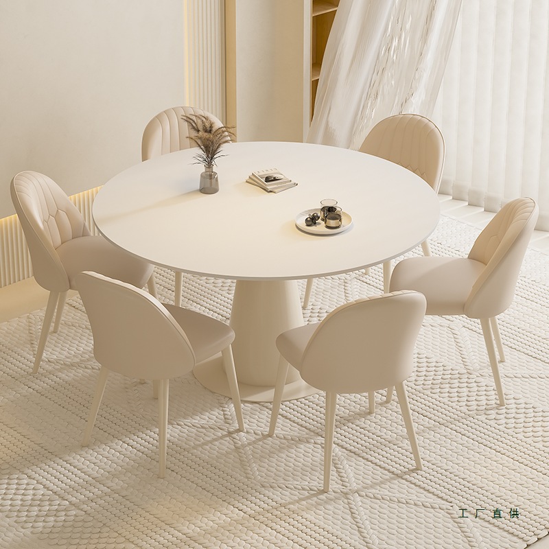Round Slate Dining Table Light Luxury Modern Simple Home Small Apartment French Cream Style Dining Table and Chair Combination with Turntable