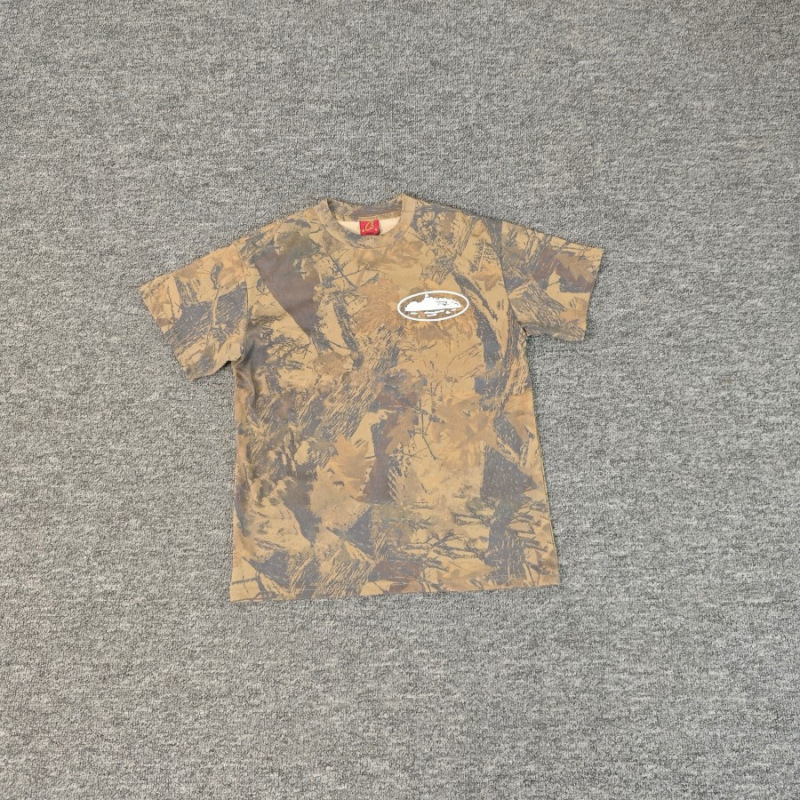 Corteiz American Retro Brown Leaf Camouflage Short-Sleeved T-Shirt with Oval White Cloud Print Loose Trendy Brand Tee