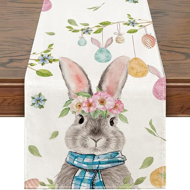 Camino de mesa transfronterizo superventas en Amazon, la nueva decoración para el hogar con temática de conejos de Amazon, mantel de lino estampado para mesa de comedor. image 6