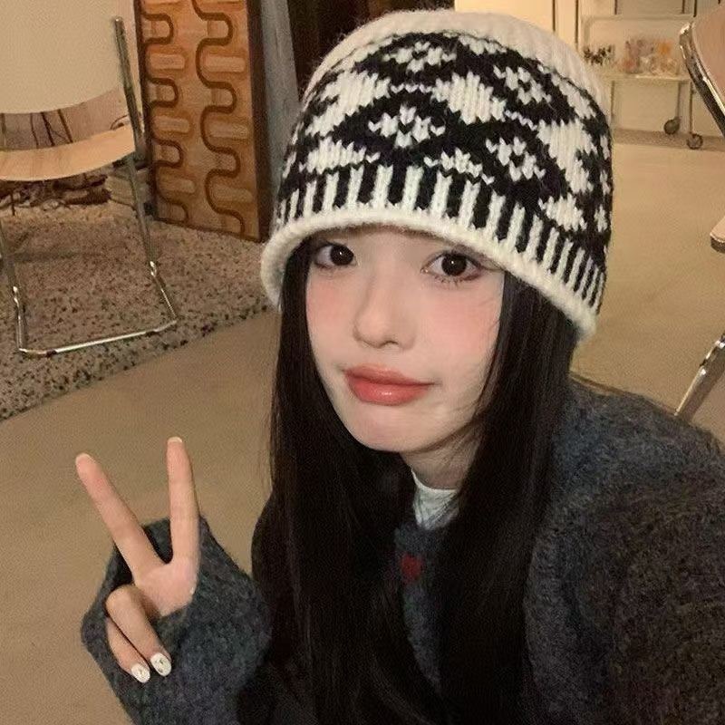 复古黑色渔夫帽菱形格子毛线帽子女秋冬季显脸小百搭大头围针织帽|undefined