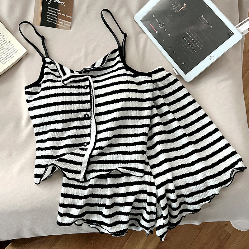 Ins韓国版ストライプパジャマ女性2025新型夏モルデット胸パッド付きストラップストライプ家庭服セット|undefined