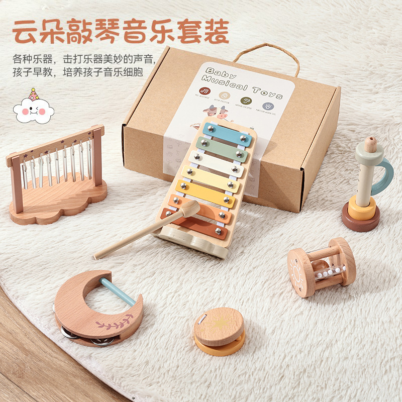 Orff Instrumentos musicales Juego de 6 piezas Educación temprana para bebés Ejercicio de escucha Alaciamiento de madera Tocar campanillas Juguetes musicales para niños