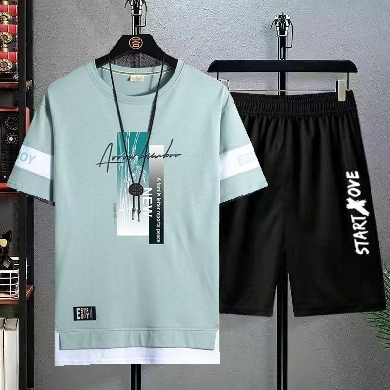Verano estudiante juventud deportes pantalones cortos de dos piezas traje casual de los hombres de moda delgada Camiseta de manga corta comercio exterior