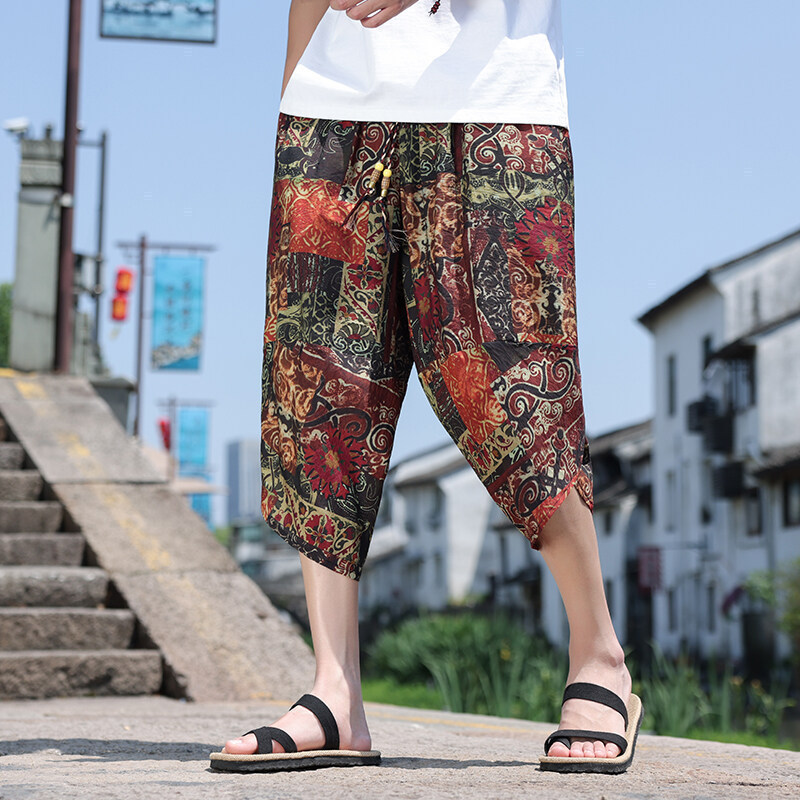 Summer New Chinese Style 2026 Men's Retro Trendy Casual Pants Chinese-Style Three-Quarter Cross-Over Hem Drawstring Pants Summer New Chinese Style 2026 Men's Retro Trendy Casual Pants Chinese-Style Three-Quarter Cross-Over Hem Drawstring Pants