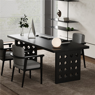 Light Luxury Black Solid Wood Desk with Hole Board Living Room Writing Desk Double Desk Wabi-Sabi Style Computer Desk