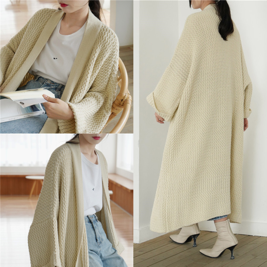 Otoño e Invierno nueva suelta larga Chaqueta de punto europeo y americano perezoso estilo grueso aguja línea elegante suéter del todo-fósforo para las mujeres image 4