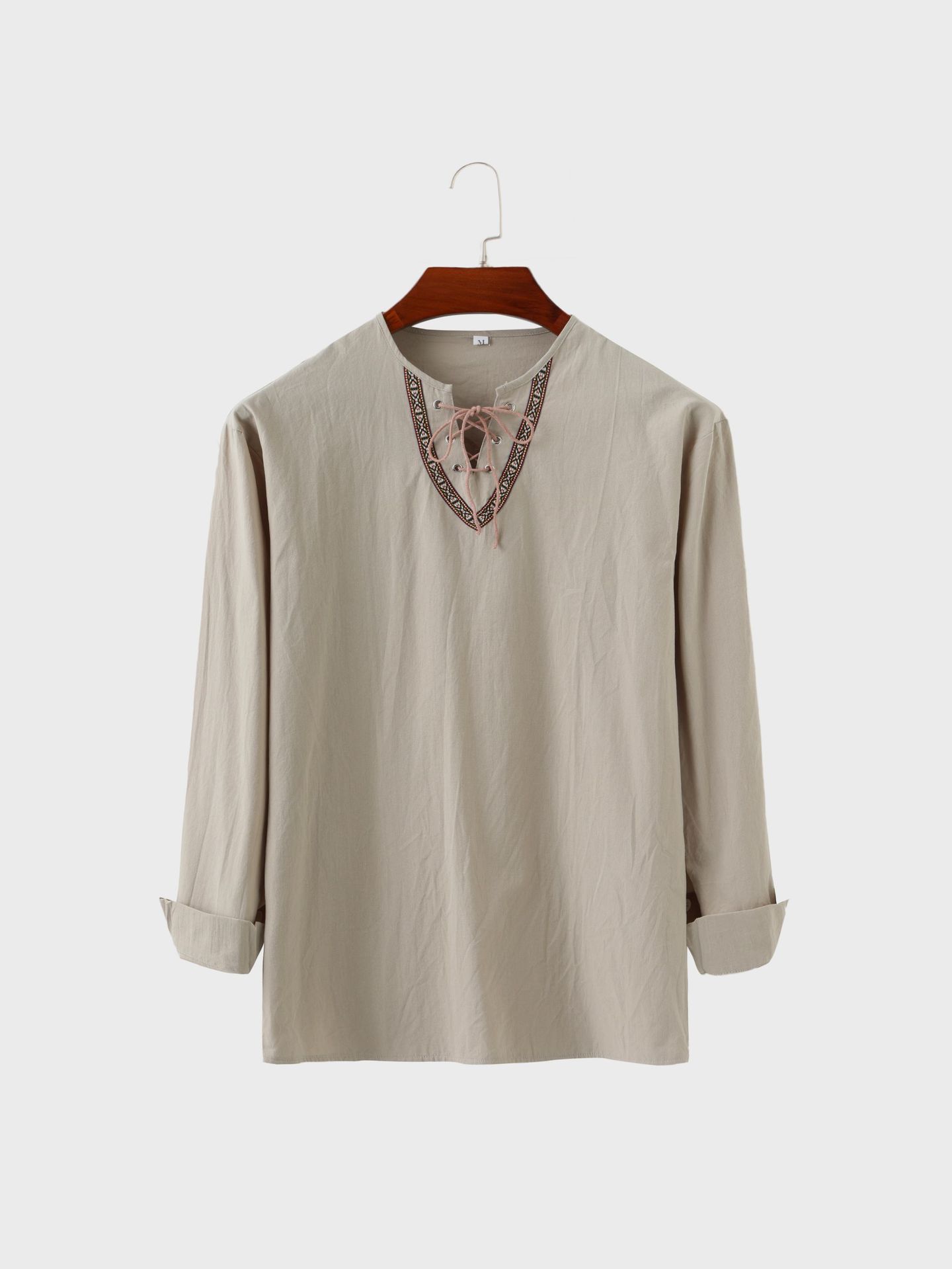 2023 primavera y otoño transfronterizo nuevos hombres europeos y americanos sueltos color sólido cordón camisa de manga larga algodón y lino soporte collar camisa de los hombres