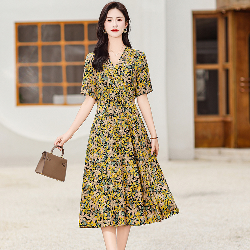 高端棉绸连衣裙新款夏季女妈妈时尚印花人造棉宽松大码外穿长裙子|undefined