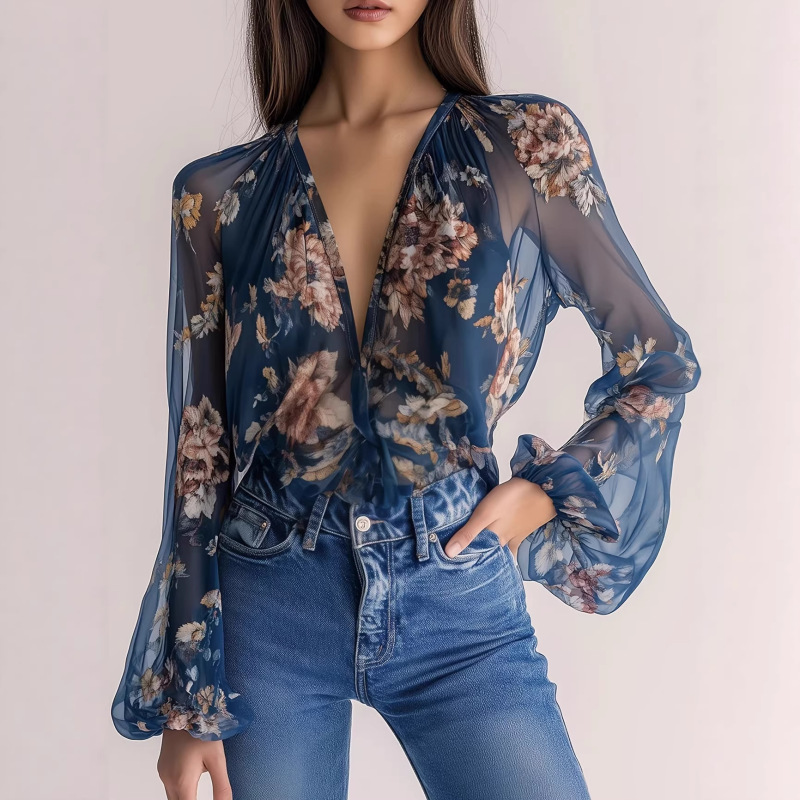 Women's Printed V-Neck Long-Sleeved Shirt, Bohemian Vacation Top, Cross-Border Women's Clothing Supply Women's Printed V-Neck Long-Sleeved Shirt, Bohemian Vacation Top, Cross-Border Women's Clothing Supply