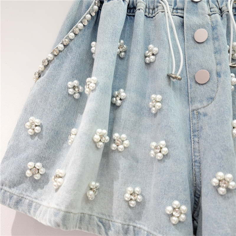 Pantalones Cortos de Mezclilla con Pedrería y Cuentas de Mezclilla con Pierna Ancha para Verano