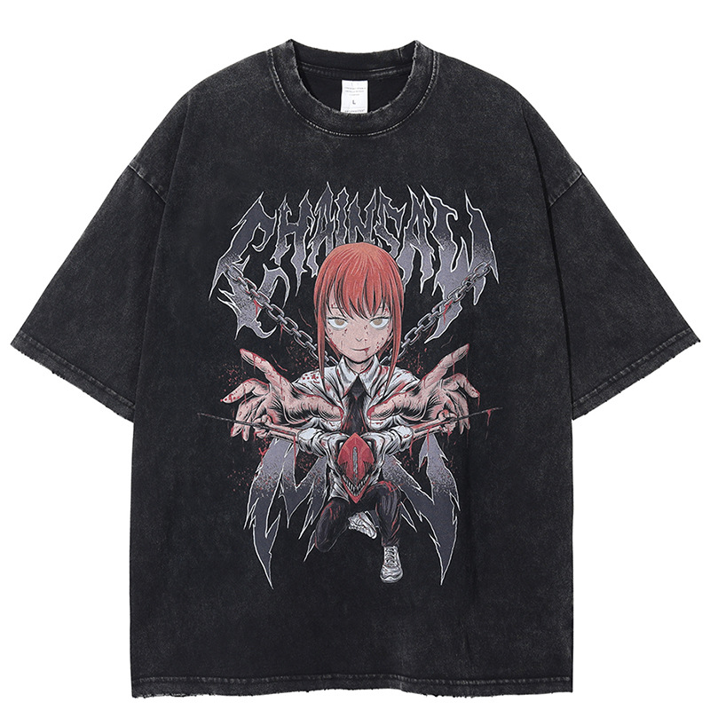 Anime motosierra camiseta de los hombres de la vendimia de los hombres lavados camiseta americana calle más tamaño camisa de los hombres calle Harajuku
