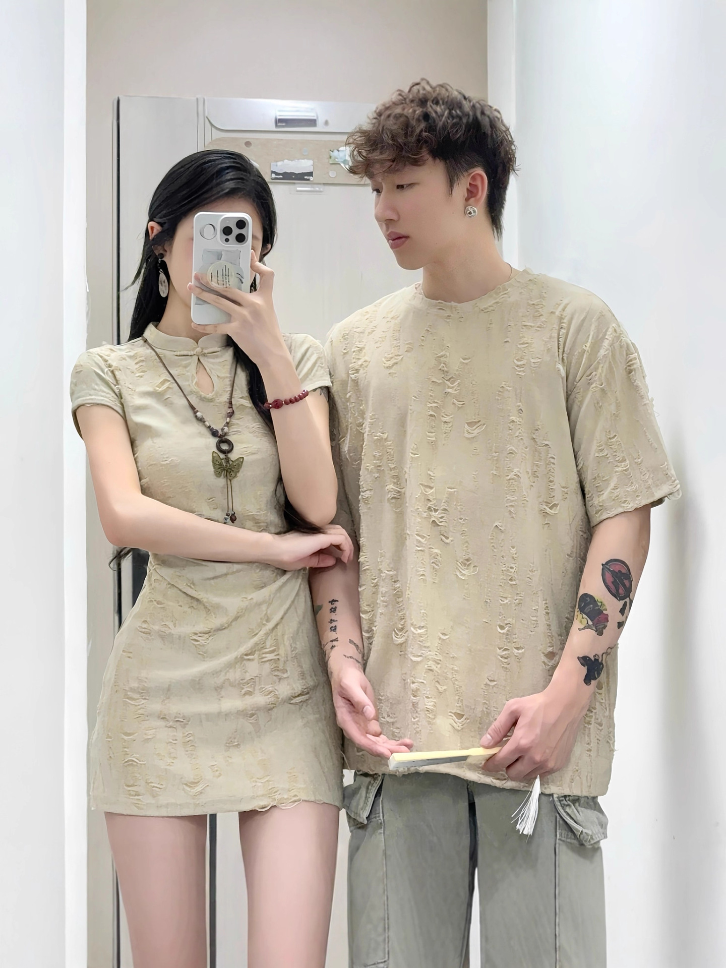 New Chinese Style Couple Outfit Summer New Improved Waist-Cinching National Style Cheongsam One-Piece One-Skirt Short-Sleeved Button-Down Dress Trendy