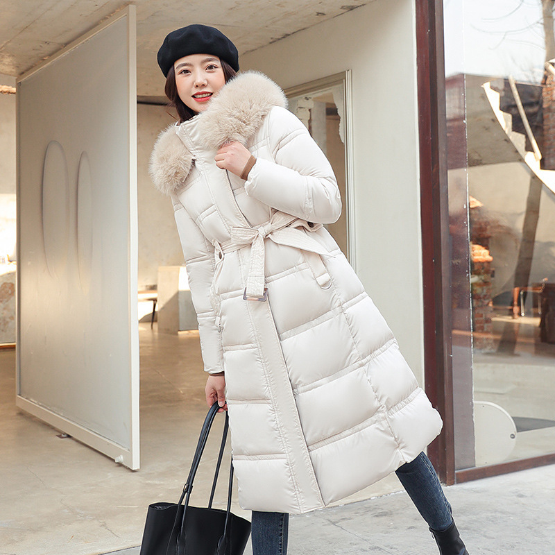 Cross-Border 2025 Winter New Cotton-Padded Jacket for Women, Extra-Long Over-The-Knee Style with Large Fur Collar, Slim-Fit Belted Hooded Cotton Coat for Women