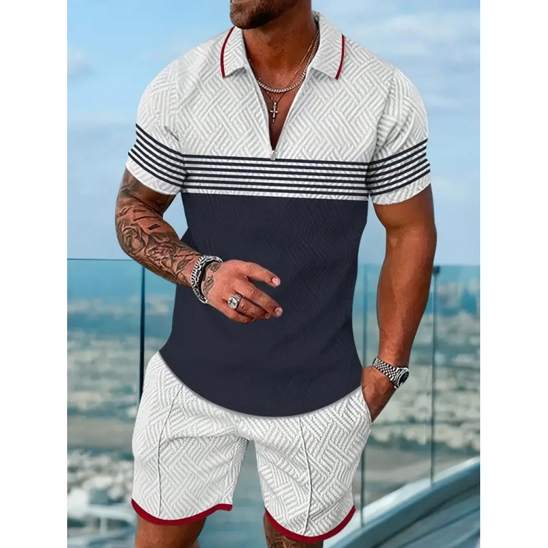 2024 クロスボーダーヨーロッパとアメリカの紳士服新しい独立したステーション供給カジュアルコントラストカラーポロジッパーラペルシャツ半袖スーツ|undefined