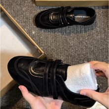 复古圆头黑色德训鞋子女2026春季魔术贴小皮鞋浅口平底休闲运动鞋