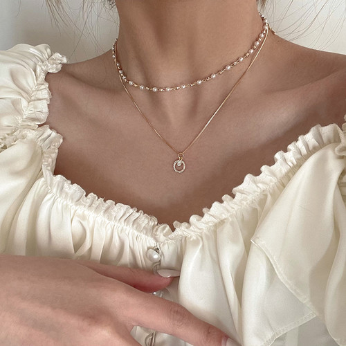 Cool Wind Double Pearl Ring Pendant Necklace for Women, Lockchain, Summer Korean Style Fashion Simple Accessory, Elegant Choker