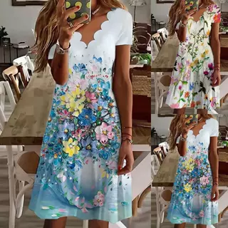 亚马逊wish速卖通独立站夏季新款欧美女装数码印花V领短袖连衣裙