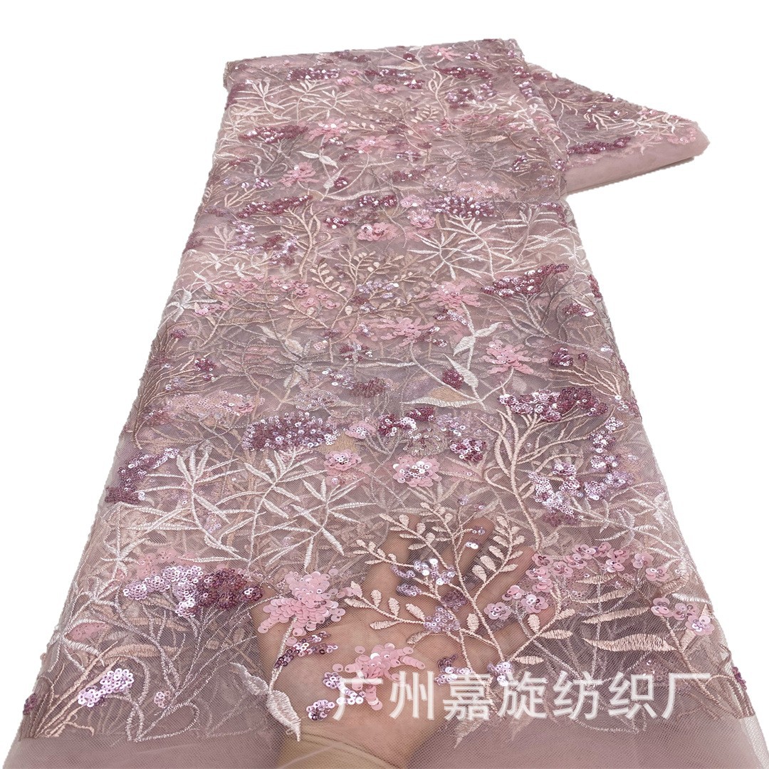 Tejido de malla azul estilo nacional cuentas coloridas hojas de flores pequeñas sequinillas bordadas vestido de boda cheongsam tela