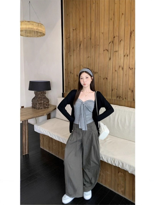 【工厂现货】韩版休闲套装秋季辣妹蝴蝶结抹胸外搭开衫上衣两件套|undefined