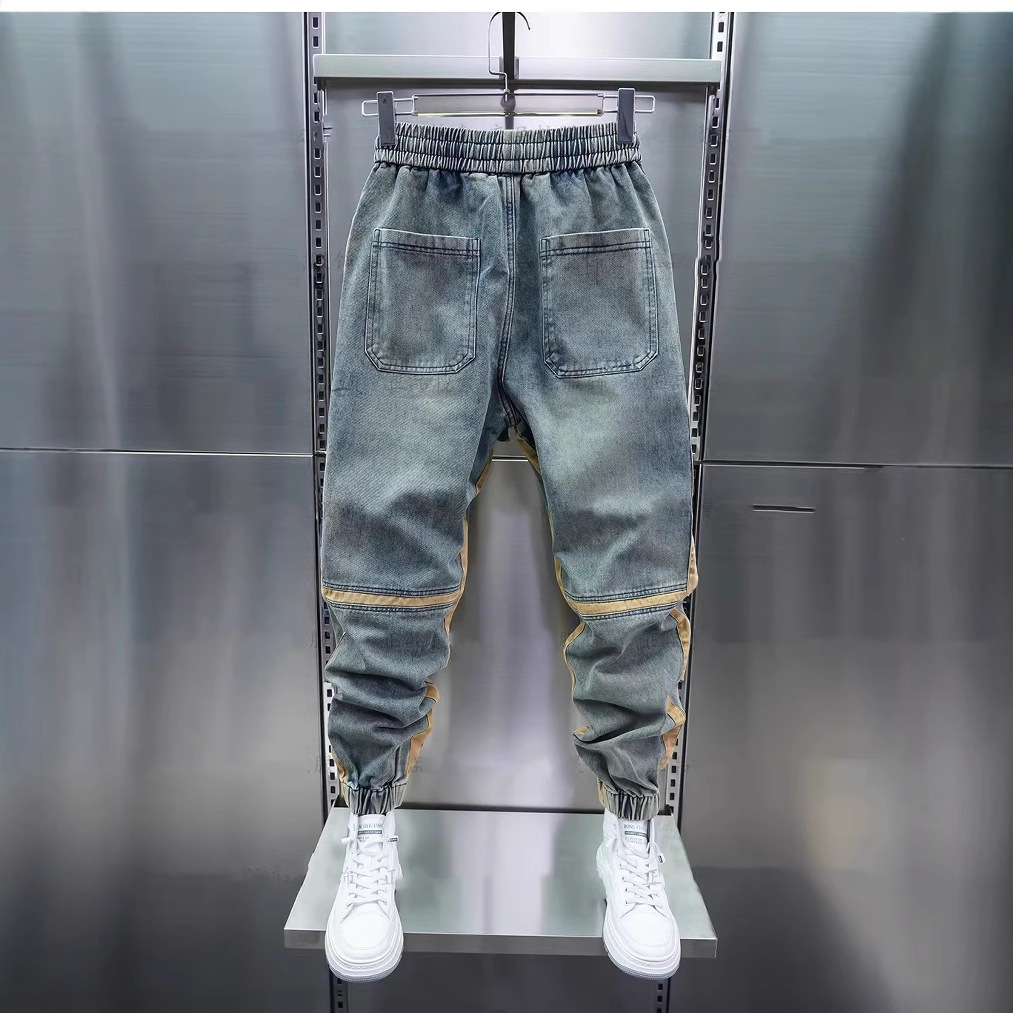 Men's Slim Fit Patchwork Jeans Blue Washed Distressed Elastic Waist Jogger Pants Trendy Spring Style_voghion.com