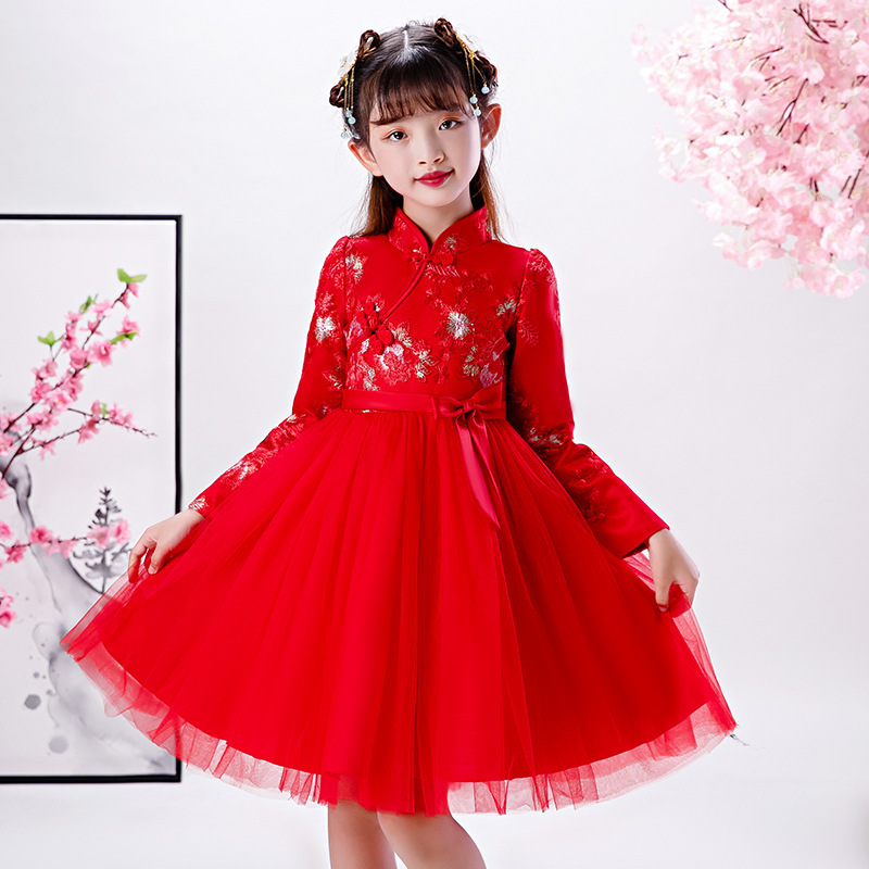 Girls red lace new year Qipao Dress Chinese Fairy Hanfu Tang suit for kids cheongsam winter new year princess dress for children Girls red lace new year Qipao Dress Chinese Fairy Hanfu Tang suit for kids cheongsam winter new year princess dress for children