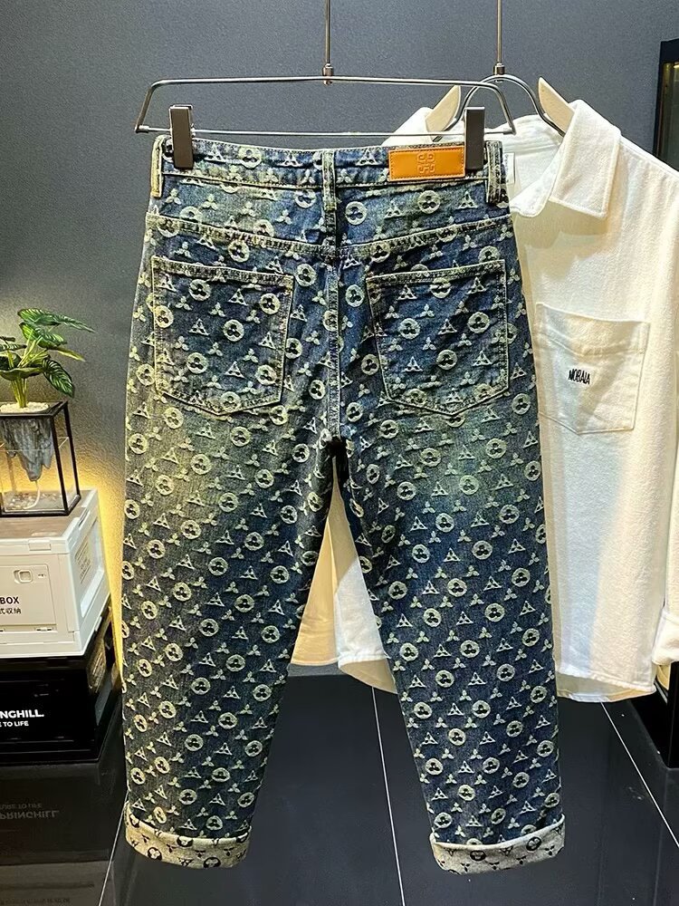 Men's Vintage Washed Denim Jacquard Printed Pants Straight-Leg Cut Retro High Street Aesthetic Jeans_mkmklike.com