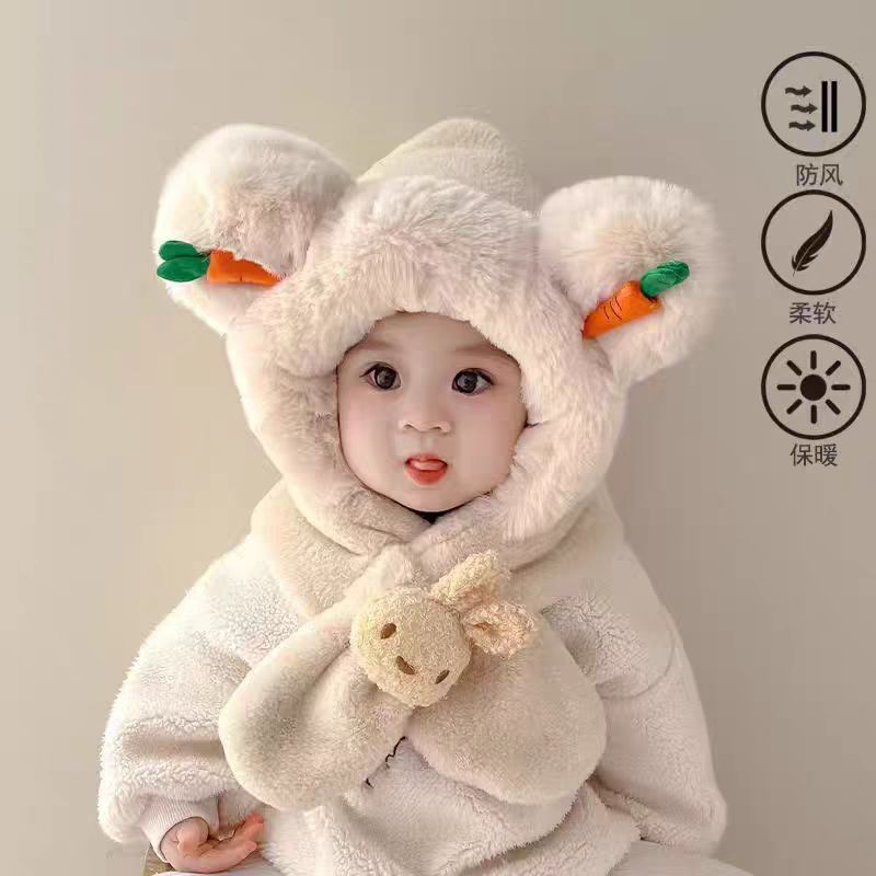 宝宝帽子冬季男女童围巾一体萝卜小熊毛绒帽儿童加绒厚保暖护耳帽