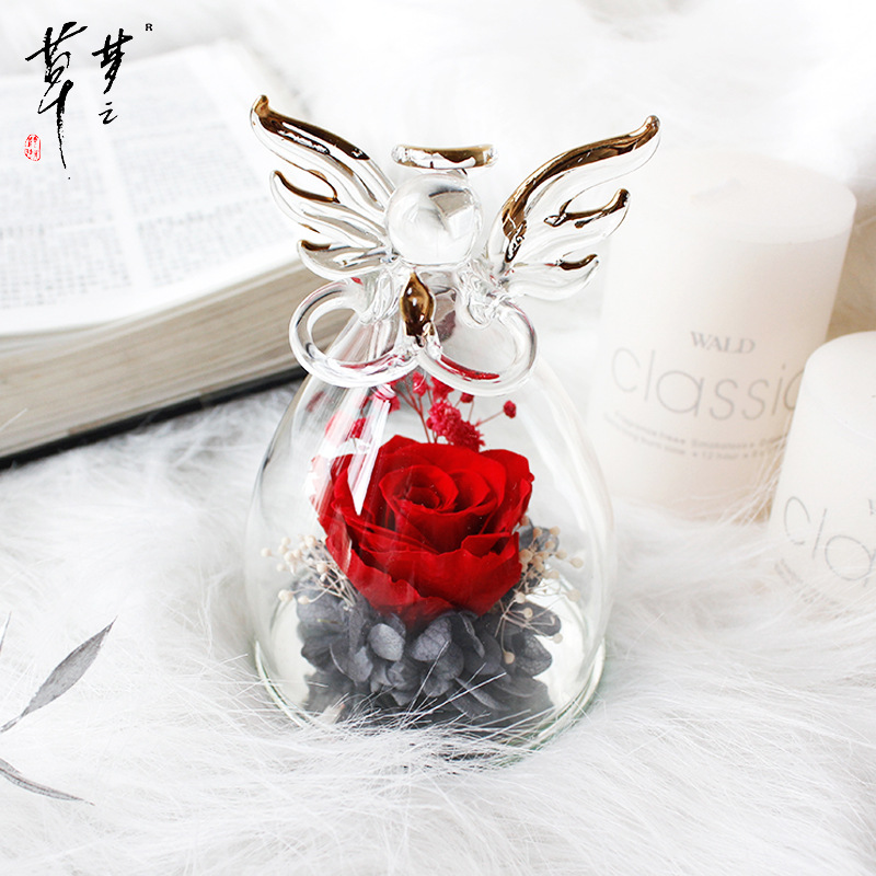 Comercio exterior Ángel flor eterna al por mayor Rosa cubierta de vidrio hecho a mano Amazon cumpleaños Día DE LA MADRE Día de San Valentín regalo