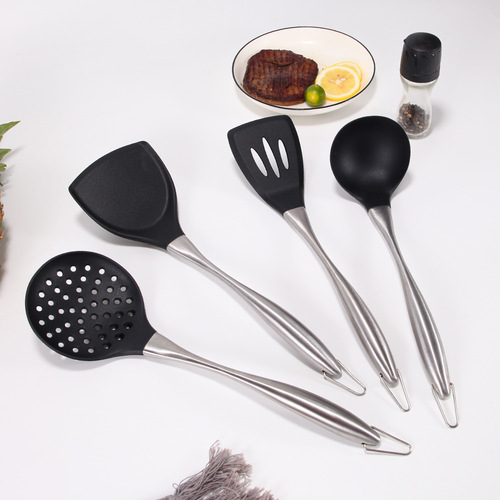 Kitchen Tools Non-stick Spatula, Silicone Kitchenware Set, Stainless Steel Hollow Handle Soup Spoon, Colander, Spatula