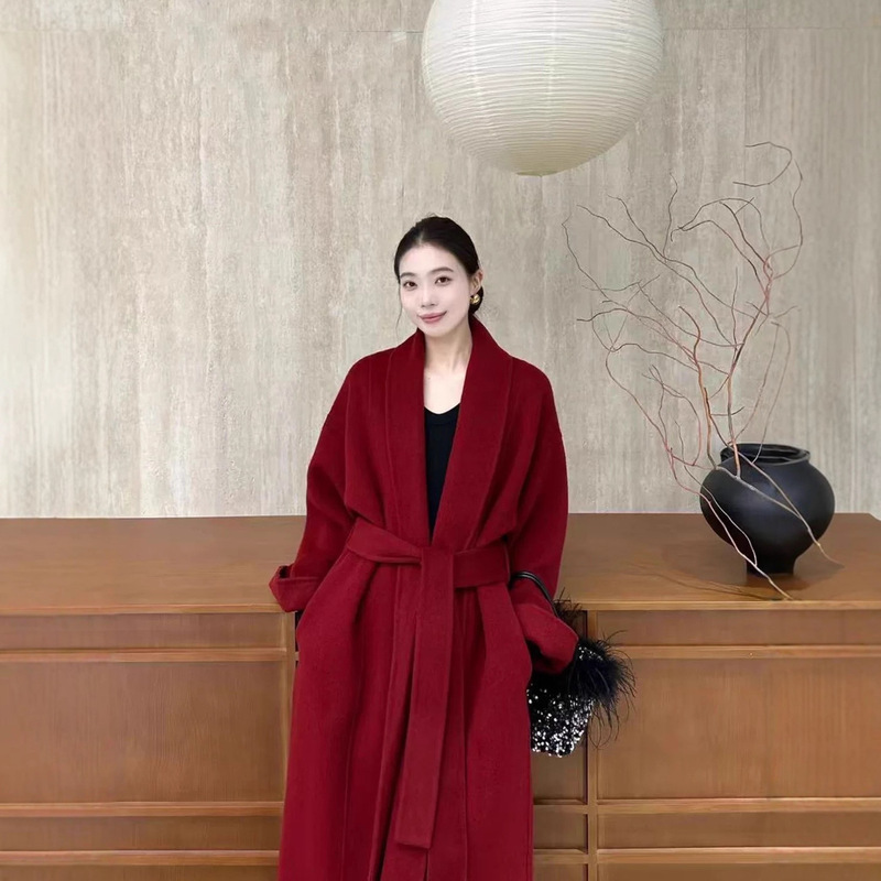 Autumn and Winter New High-End Red Bathrobe Style Lazy Loose Long Elegant Double-Sided Wool Outwear for Women