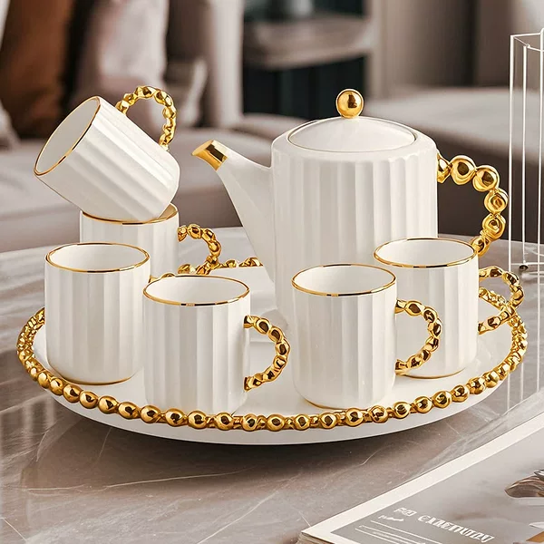 Home Gift Ceramic Cup Pot suit Office Meeting Room Hospitality High Color Value Turntable 8-piece Tea Coffee Set
