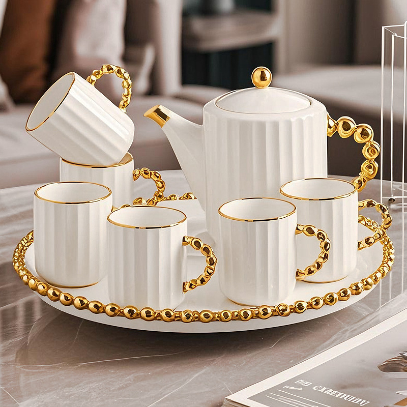Home Gift Ceramic Cup Pot suit Office Meeting Room Hospitality High Color Value Turntable 8-piece Tea Coffee Set