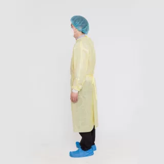 覆膜SMS黄色一次性隔离衣 连体全身防护隔离服 实验室隔离衣